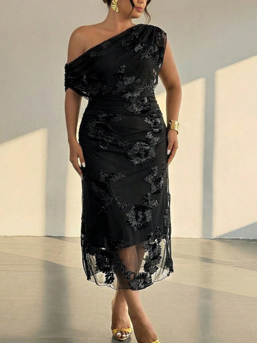 Black Elegant Women's Plain Asymmetrical Bodycon Evening Dress - Picture 3 of 6